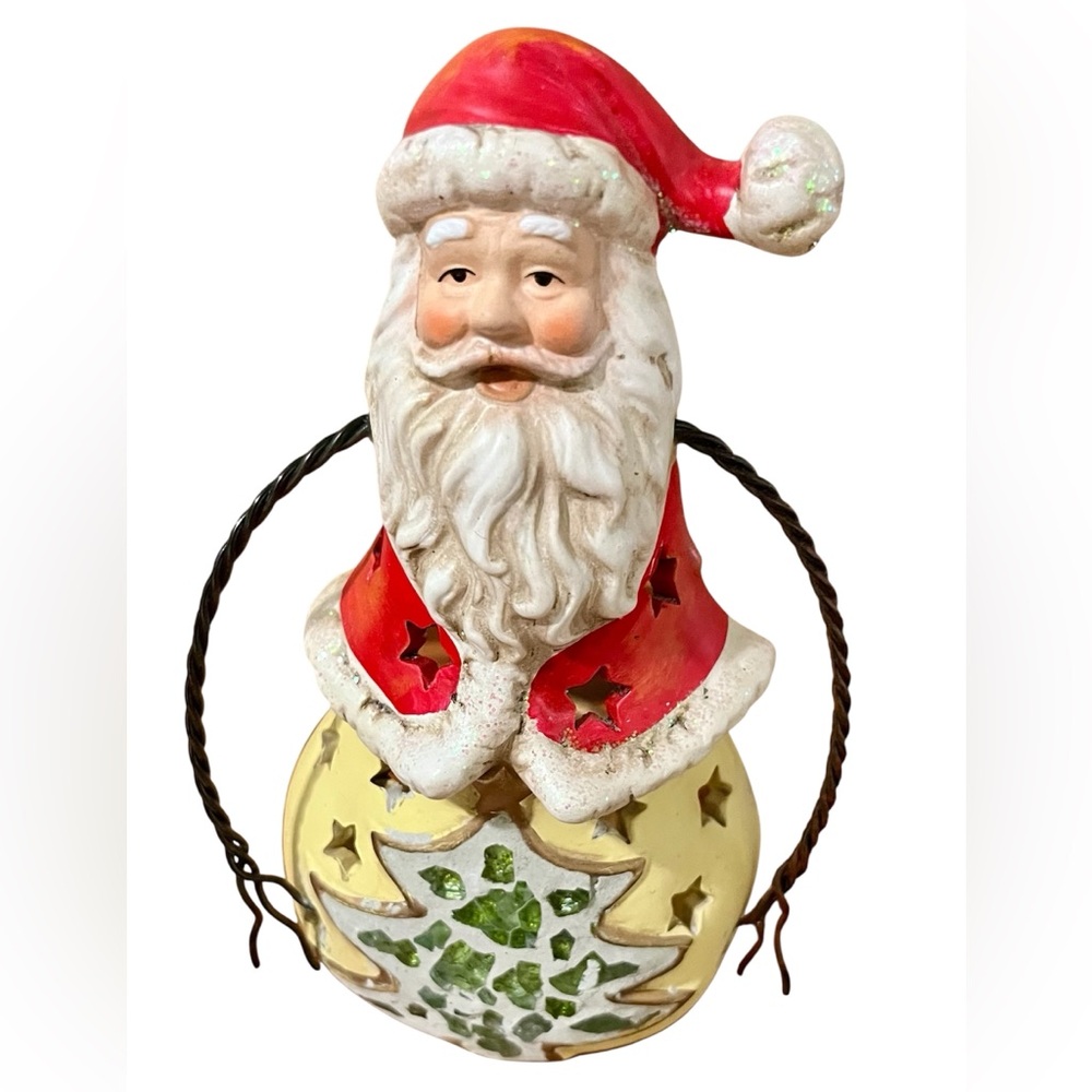 Vintage Santa Claus Ceramic Luminary Candle Holder Christmas Tree Mosaic Stars
